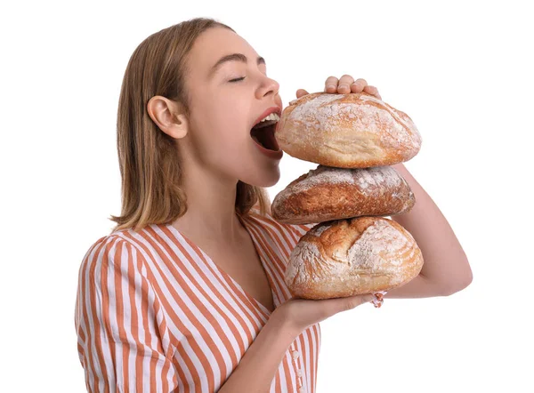 Female Baker Eating Fresh Bread White Background Closeup — Stock Photo, Image