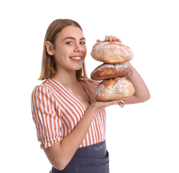 Γυναικείος Φούρναρης Φρέσκο Ψωμί Λευκό Φόντο — Φωτογραφία Αρχείου