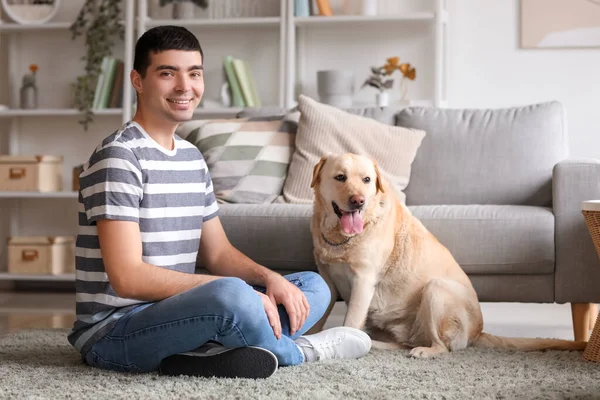 Young Man Labrador Dog Sitting Home — Stock Photo, Image