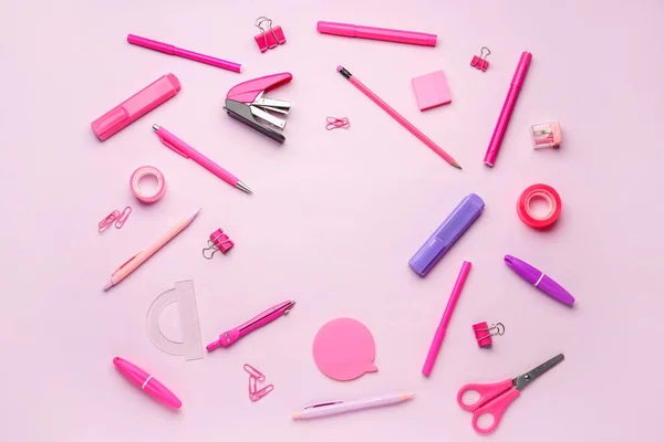 Frame Made Stationery Supplies Pink Background — Fotografia de Stock