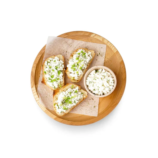 stock image Sandwiches with tasty cottage cheese and green onion on white background