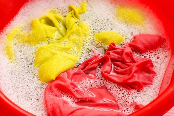 Plastic Basin Dirty Laundry Water Foam Closeup — Stock Photo, Image