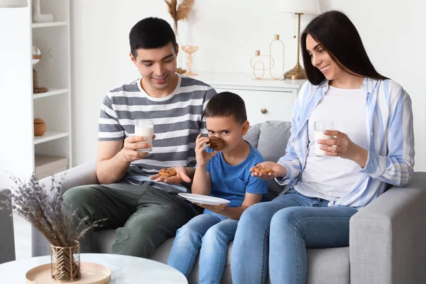 Happy Family Eating Cookies Milk Home — Stock Photo, Image