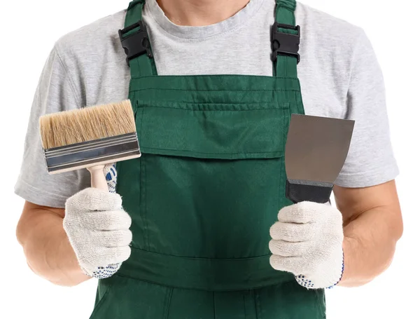 Male Decorator Putty Knife Brush White Background Closeup — Stock Photo, Image