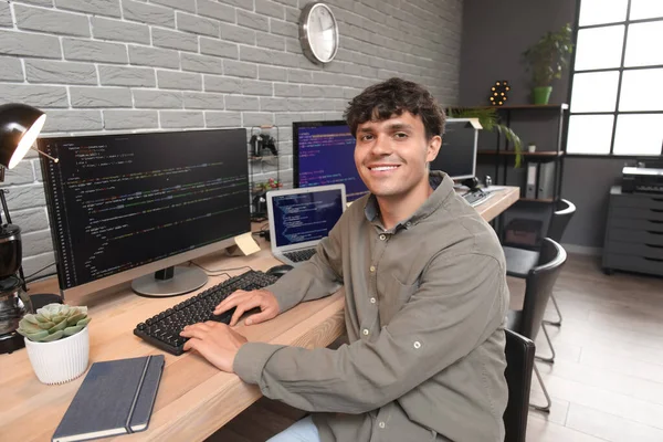 Programador Masculino Trabalhando Com Computador Mesa Escritório — Fotografia de Stock