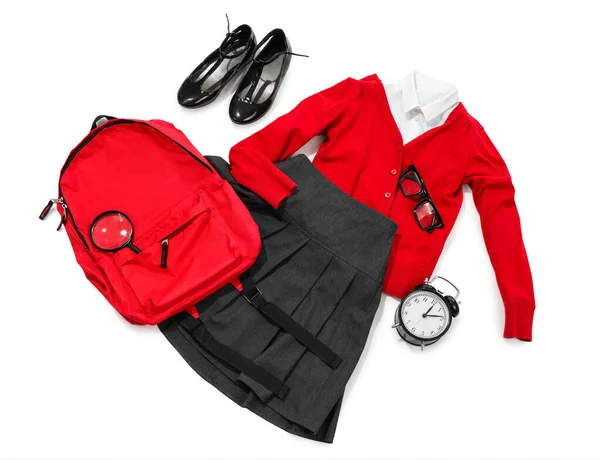 Composition Stylish School Uniform Backpack Eyeglasses Alarm Clock White Background — Stock Photo, Image
