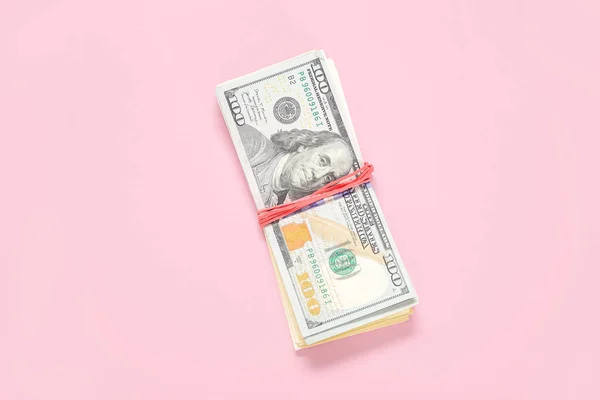 Dollar Banknotes Tied Rubber Band Pink Background — Stock Photo, Image