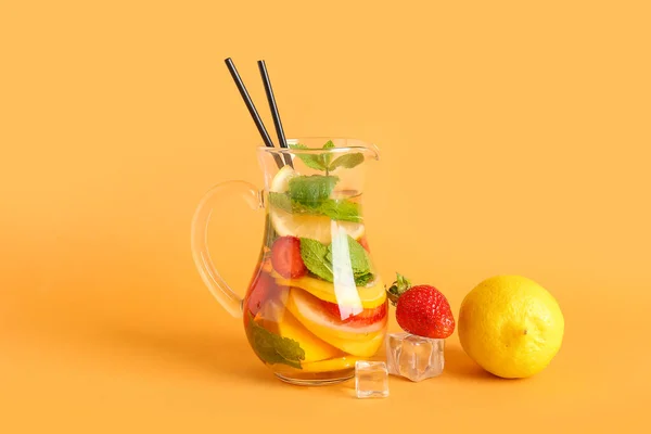 Jug Fresh Lemonade Strawberry Lemon Orange Background — Stock Photo, Image