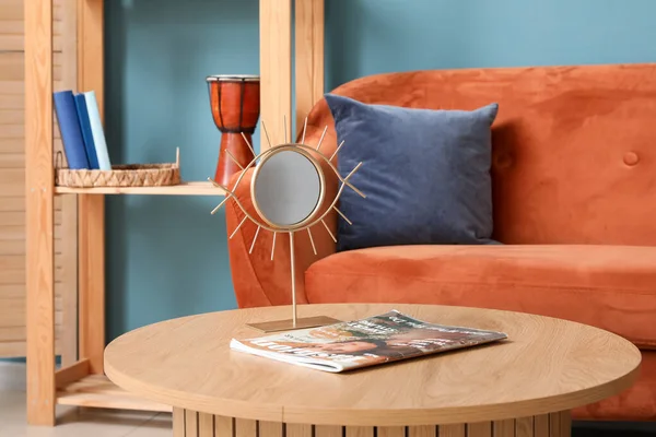 Interior Living Room Orange Sofa Mirror Wooden Coffee Table — Stock Photo, Image