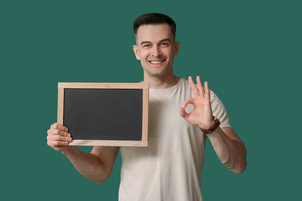 Male Teacher Chalkboard Showing Green Background — Stock Photo, Image