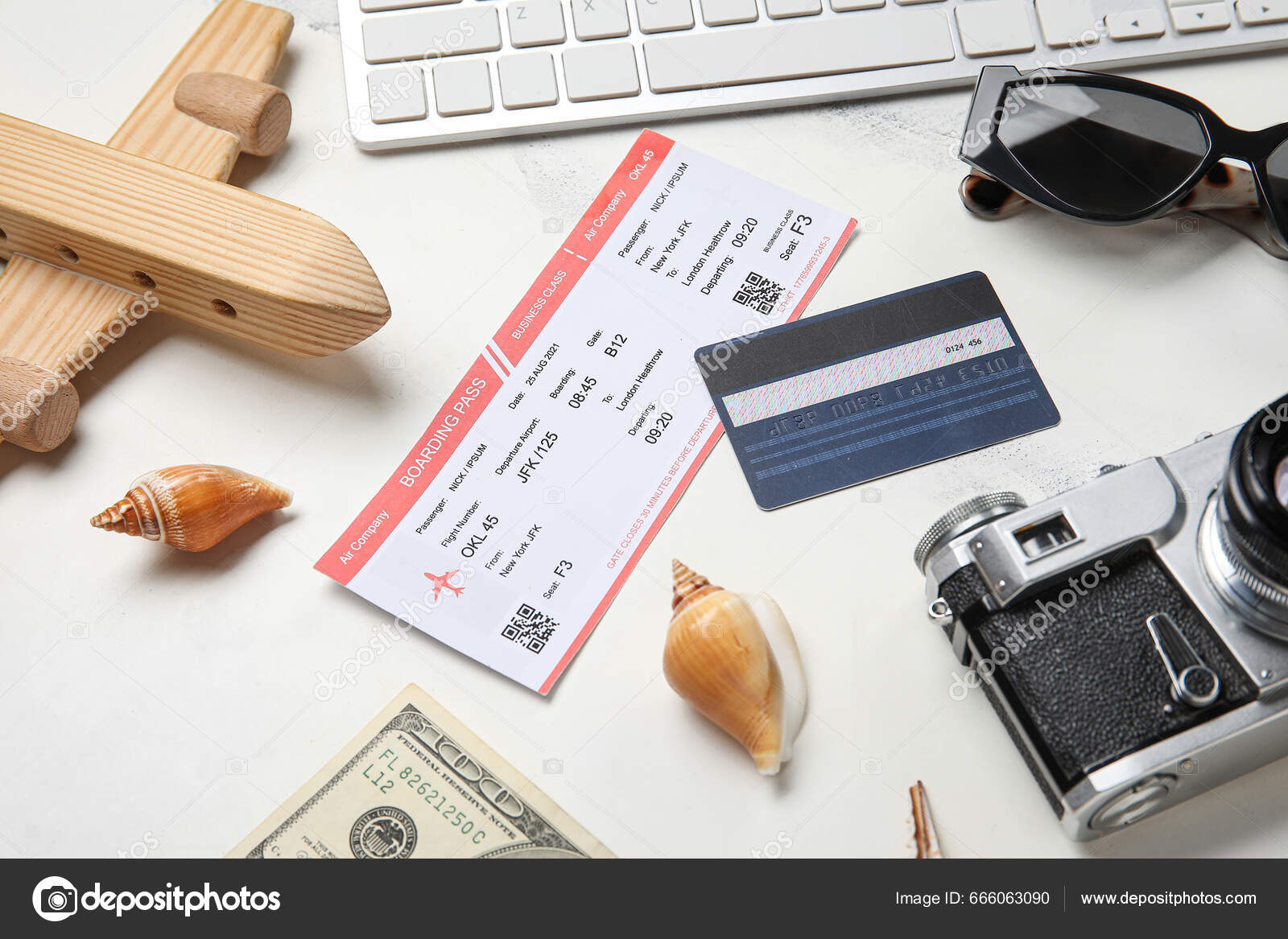 Composition Ticket Credit Card Photo Camera Wooden Plane Light.