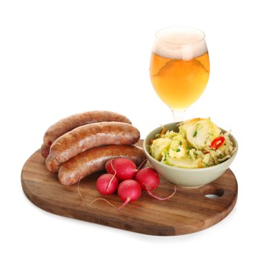 Glass of cold beer and different snacks on white background. Oktoberfest celebration clipart