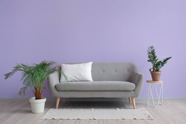 Leylak duvarının yanında beyaz yastıklı gri kanepe