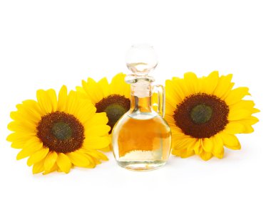 Beyaz arkaplanda ayçiçeği yağı dekanı