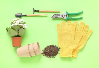 Farklı bahçe aletlerinden yapılmış çerçeve ve yeşil arka planda bitki
