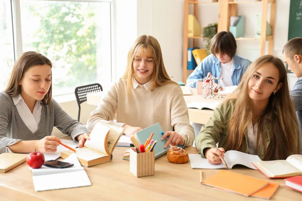 Sınıftaki Masada Çalışan Kız Öğrenciler — Stok fotoğraf