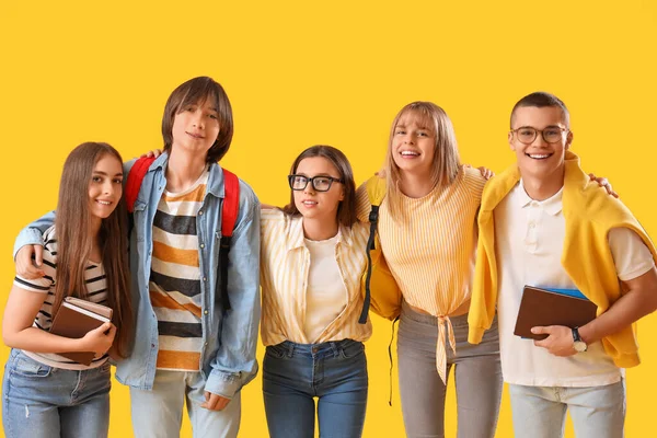 Group Teenage Students Yellow Background — Stock Photo, Image