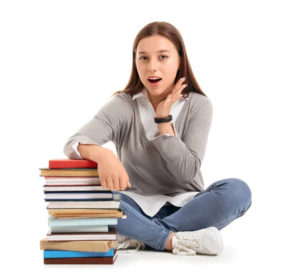 Estudiante Femenina Con Libros Sentados Sobre Fondo Blanco — Foto de Stock