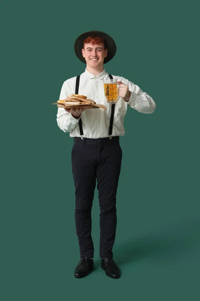 Young Man Traditional German Clothes Beer Snacks Green Background — Stock Photo, Image