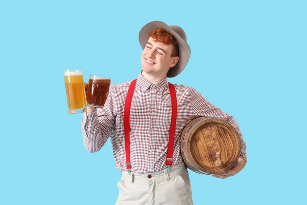 Young Man Traditional German Clothes Beer Blue Background — Stock Photo, Image