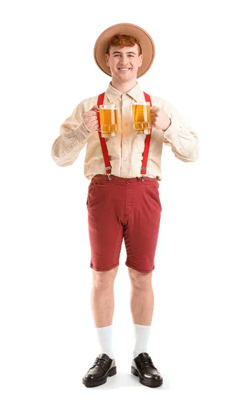 Młody Człowiek Tradycyjnych Niemieckich Ubraniach Piwem Białym Tle — Zdjęcie stockowe