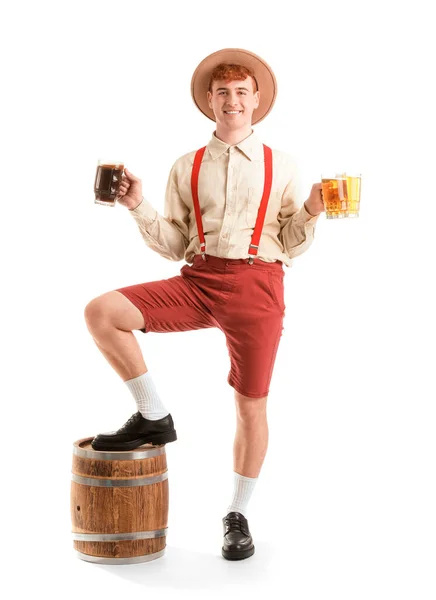 Jeune Homme Vêtements Traditionnels Allemands Avec Bière Sur Fond Blanc — Photo