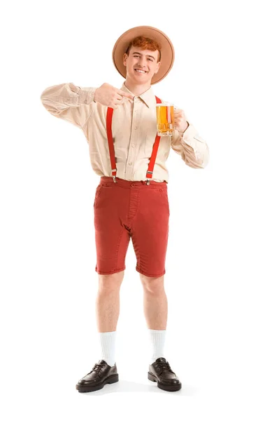 Young Man Traditional German Clothes Pointing Beer White Background — Stock Photo, Image