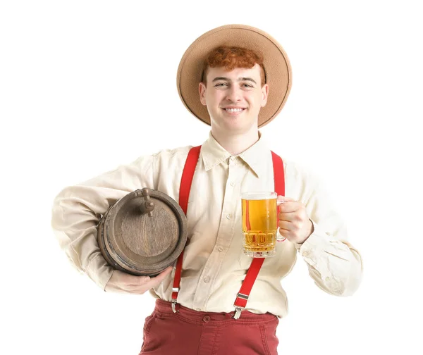 Молодий Чоловік Традиційному Німецькому Одязі Пивом Білому Тлі — стокове фото