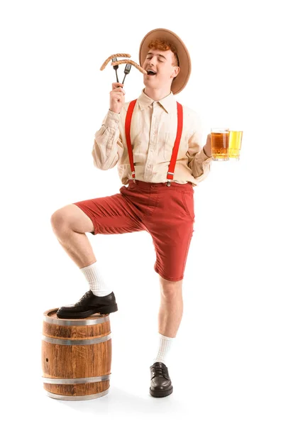 Jongeman Traditionele Duitse Kleding Met Bier Worsten Witte Achtergrond — Stockfoto