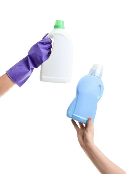 stock image Women with bottles of detergent on white background