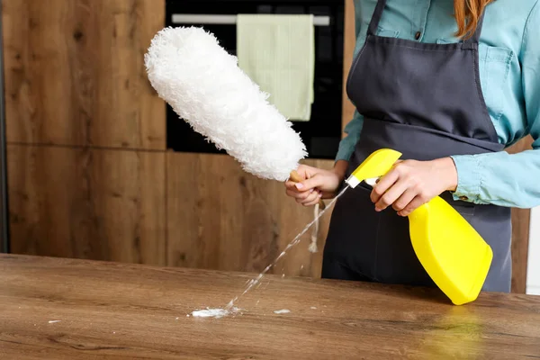 Young Woman Cleaning Table Detergent Kitchen Closeup — Stock Photo, Image