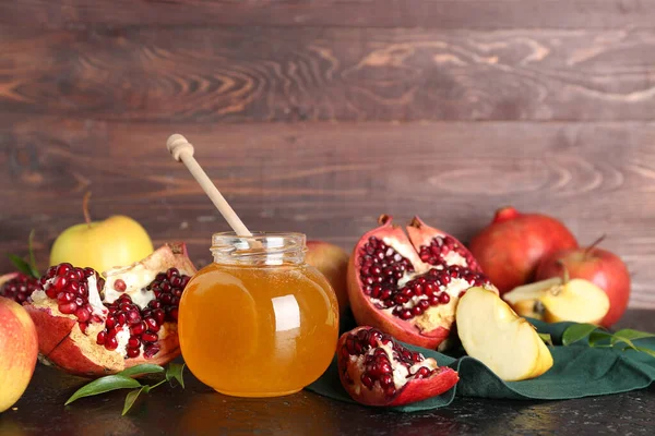 Burk Honung Granatäpple Och Äpplen Till Rosh Hashanah Firandet Judisk — Stockfoto