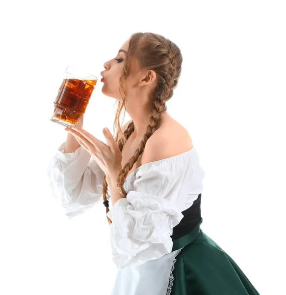 Beautiful Octoberfest Waitress Drinking Beer White Background — Stock Photo, Image