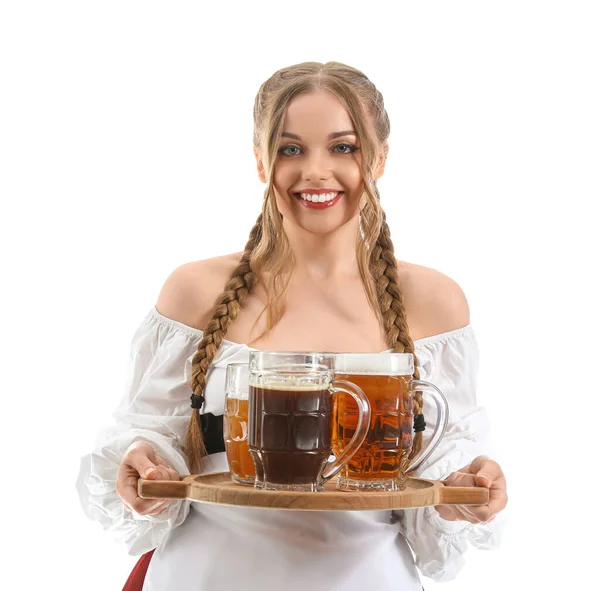 Krásná Oktoberfest Servírka Pivem Bílém Pozadí — Stock fotografie