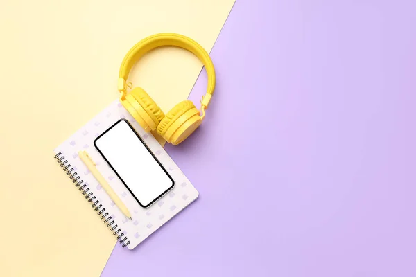 Stationery Headphones Mobile Phone Color Background — Stock Photo, Image