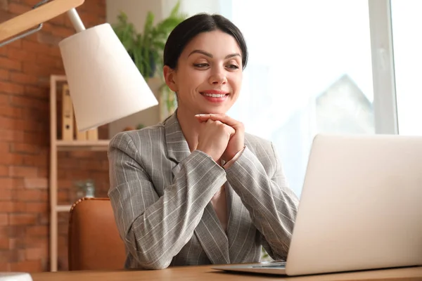 Beautiful Woman Having Job Interview Online Home — Stock Photo, Image