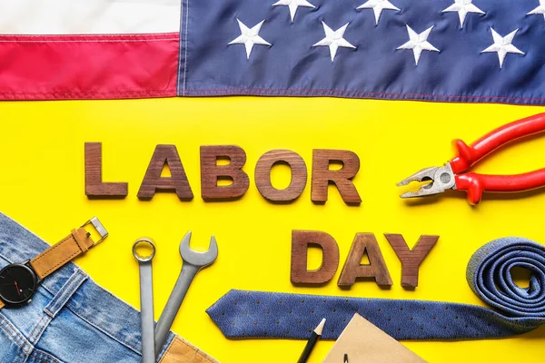Composición Con Diferentes Herramientas Jeans Corbata Texto Labor Day Bandera —  Fotos de Stock