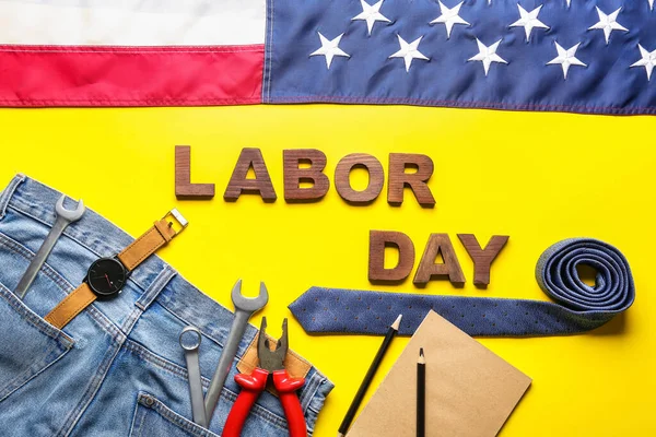 Composición Con Diferentes Herramientas Jeans Corbata Texto Labor Day Bandera — Foto de Stock