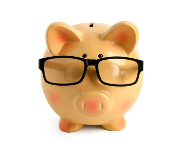 Orange Piggy Bank Eyeglasses Isolated White Background — Stock Photo, Image