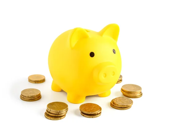 Yellow Piggy Bank Coins Isolated White Background — Stock Photo, Image