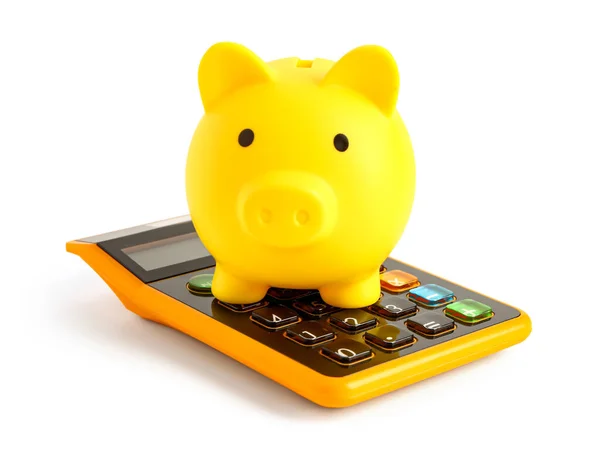 Yellow Piggy Bank Calculator Isolated White Background — Stock Photo, Image