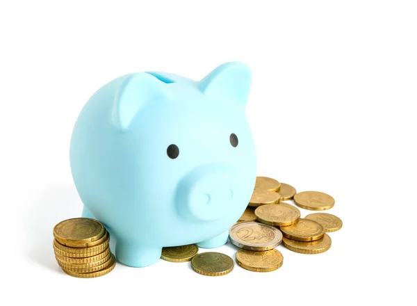 Blue Piggy Bank Coins Isolated White Background — Stock Photo, Image