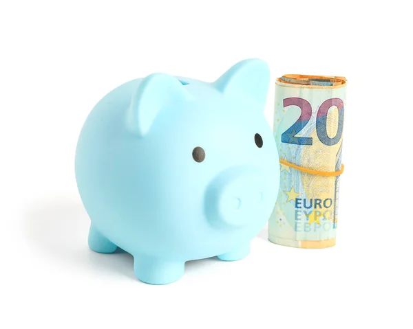 Blue Piggy Bank Euro Banknotes Isolated White Background — Stock Photo, Image