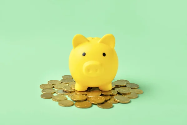 Piggy Bank Coins Green Background — Stock Photo, Image