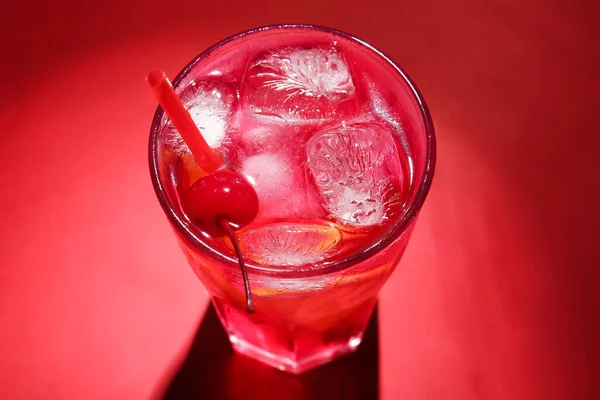 Glass Tasty Cocktail Maraschino Cherry Red Background — Stock Photo, Image