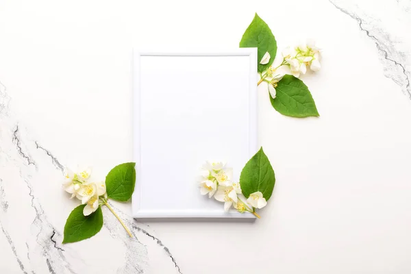 Blank Photo Frame Beautiful Flowers White Background — Stock Photo, Image