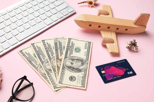 Credit Card Money Wooden Plane Keyboard Pink Background — Stock Photo, Image