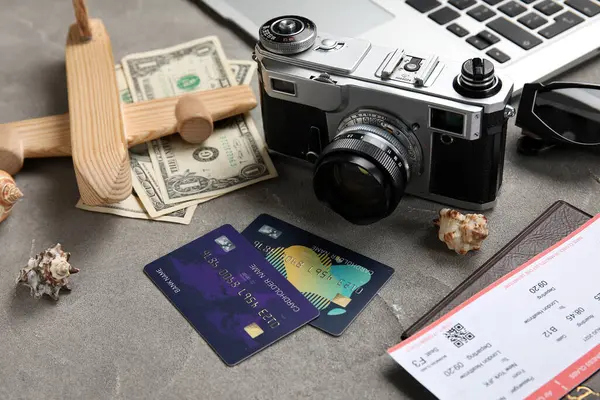 Credit Cards Money Photo Camera Wooden Plane Grunge Background Closeup — Stock Photo, Image