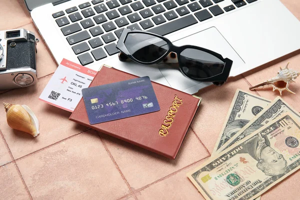 Composition Credit Card Money Laptop Sunglasses Color Tile Background Closeup — Stock Photo, Image