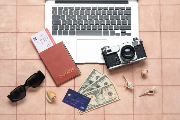 Composition Credit Card Money Laptop Photo Camera Color Tile Background — Stock Photo, Image